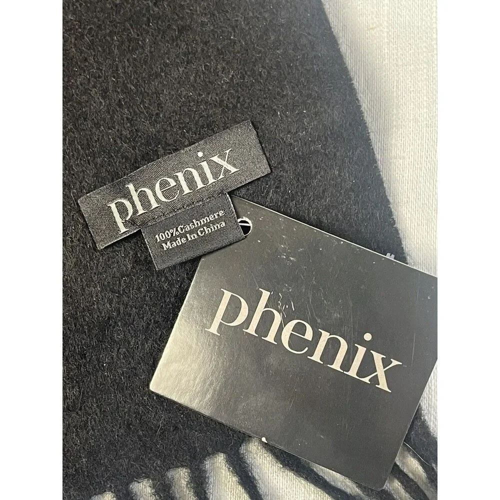 Phenix Black 100% Cashmere Fringe Lightweight Scarf 74”x11” Unisex New